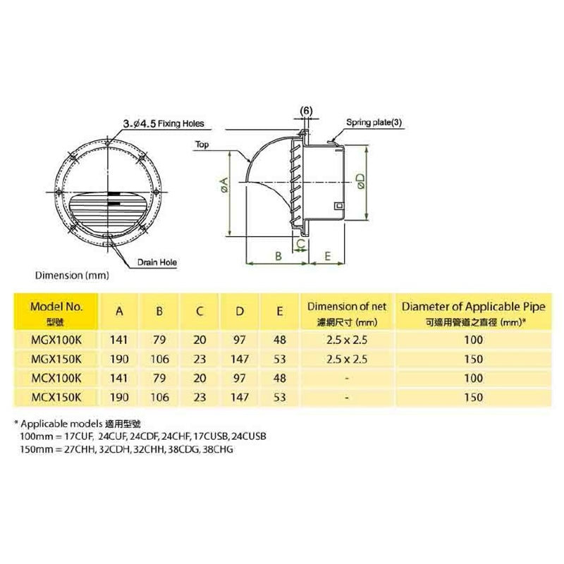 KDK MGX100K/MGX150K Pipe Hood