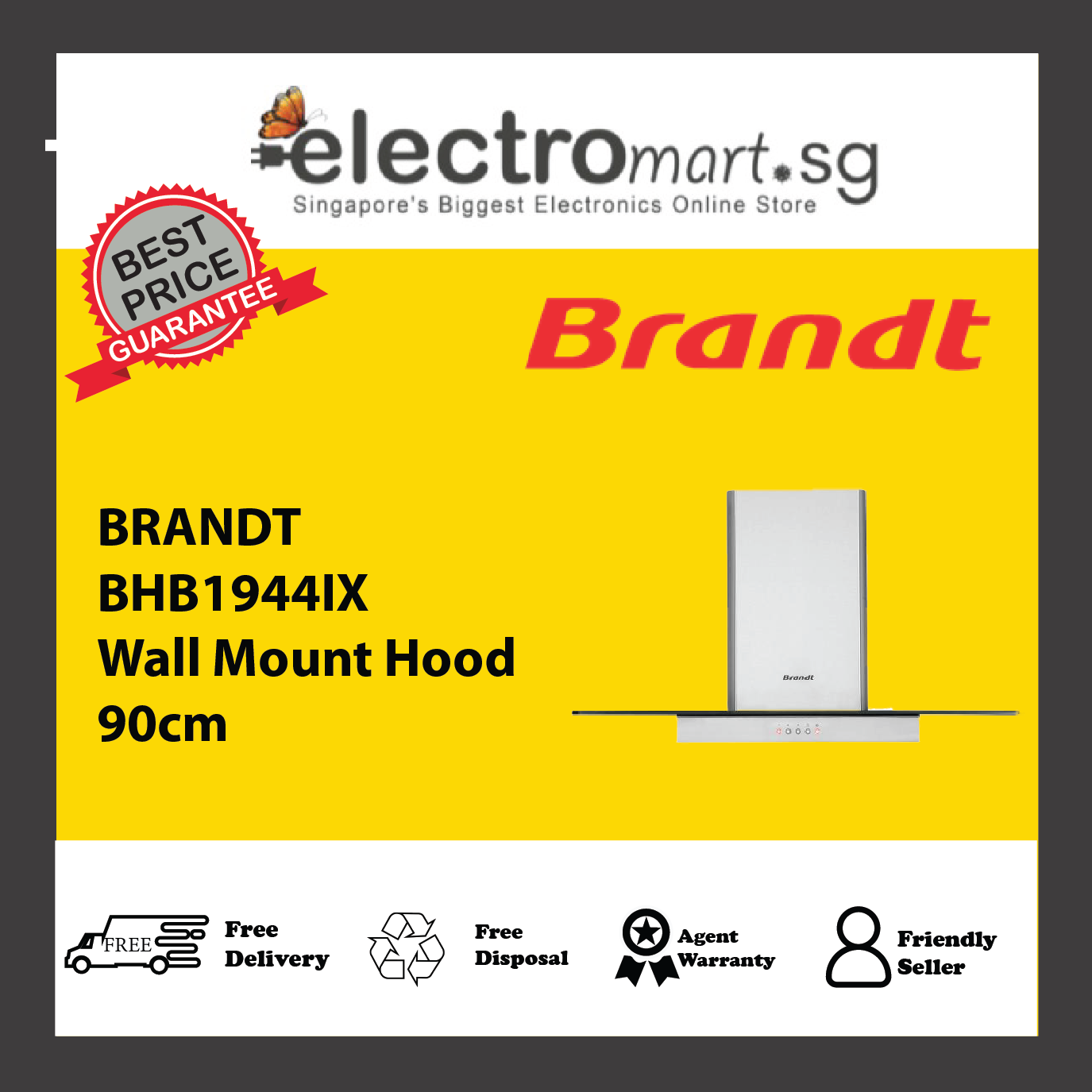 BRANDT BHB1944IX Wall Mount Hood 90cm