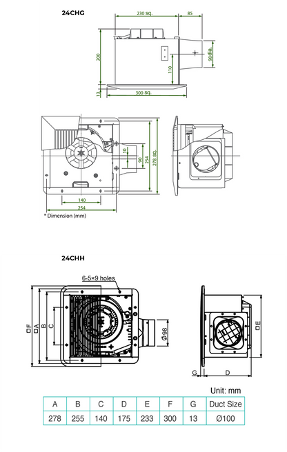 KDK 24CHH Ceiling Mount Ventilating Exhaust Fan Steel Type with 2 Speed Motor
