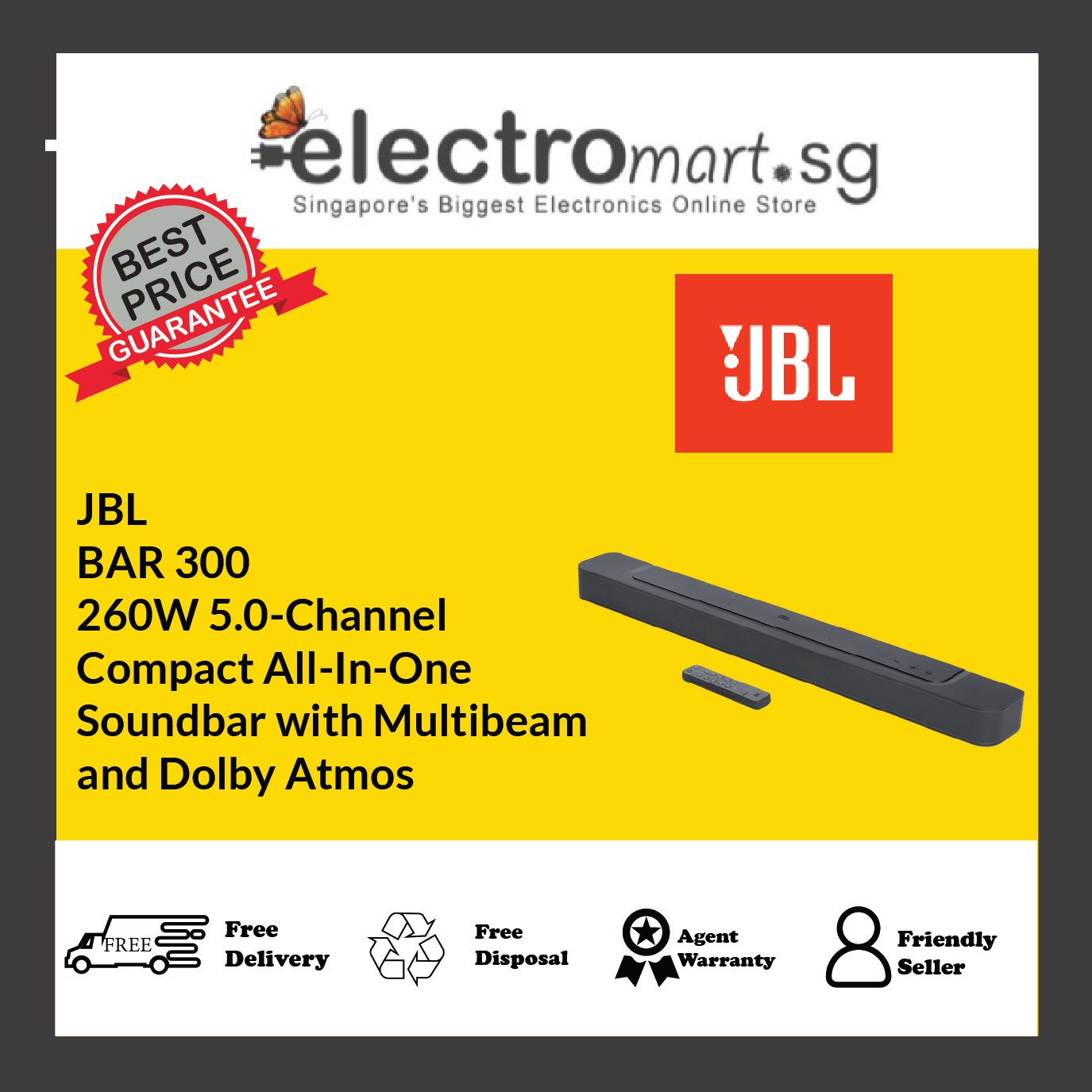 JBL BAR 300 5.0 Channel Compact All-in-One Soundbar with MultiBeam™ & Dolby Atmos®