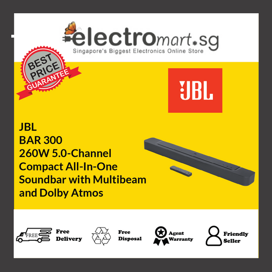 JBL BAR 300 5.0 Channel Compact All-in-One Soundbar with MultiBeam™ & Dolby Atmos®