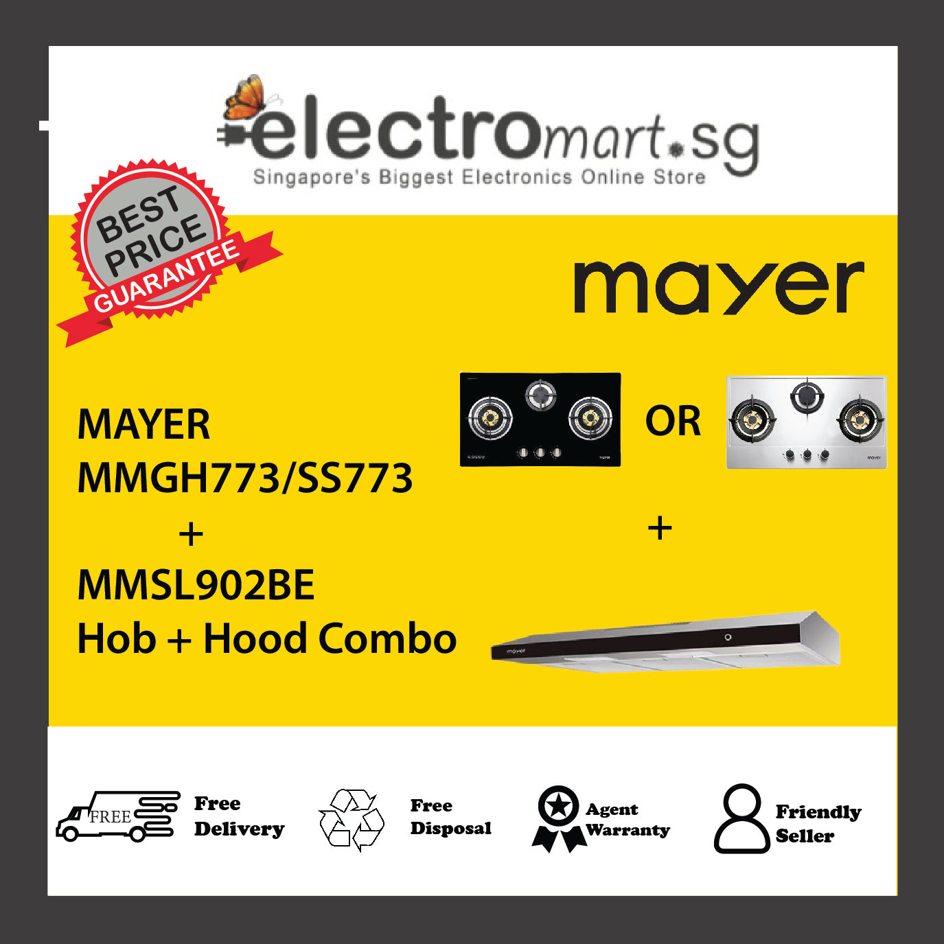 Mayer MMGH773/SS773 + MMSL902BE Hob + Hood Combo