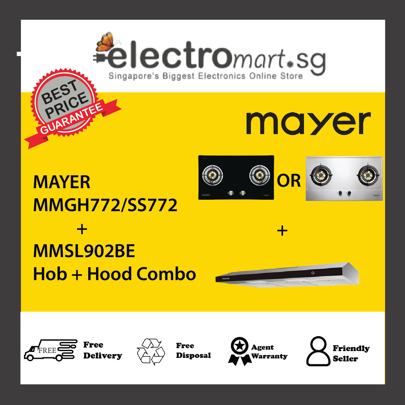 Mayer MMGH772/SS772 + MMSL902BE Hob + Hood Combo