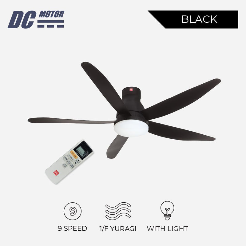 KDK U60FWS DC Ceiling Fan with Remote and Light- Short Rod, Black, 150cm