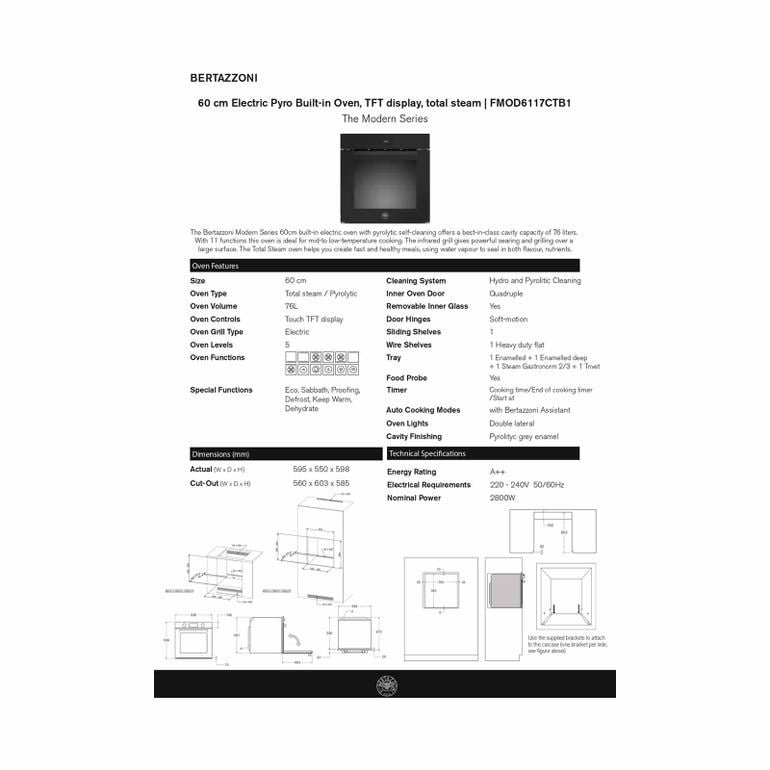 BERTAZZONI FMOD6117CTB1 60CM BUILT-IN STEAM OVEN (76L)/(BLACK GLASS MODERN SERIES)