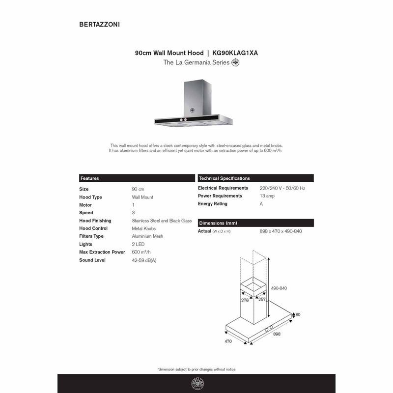 BERTAZZONI KG90KLAG1XA 90CM WALL MOUNT HOOD