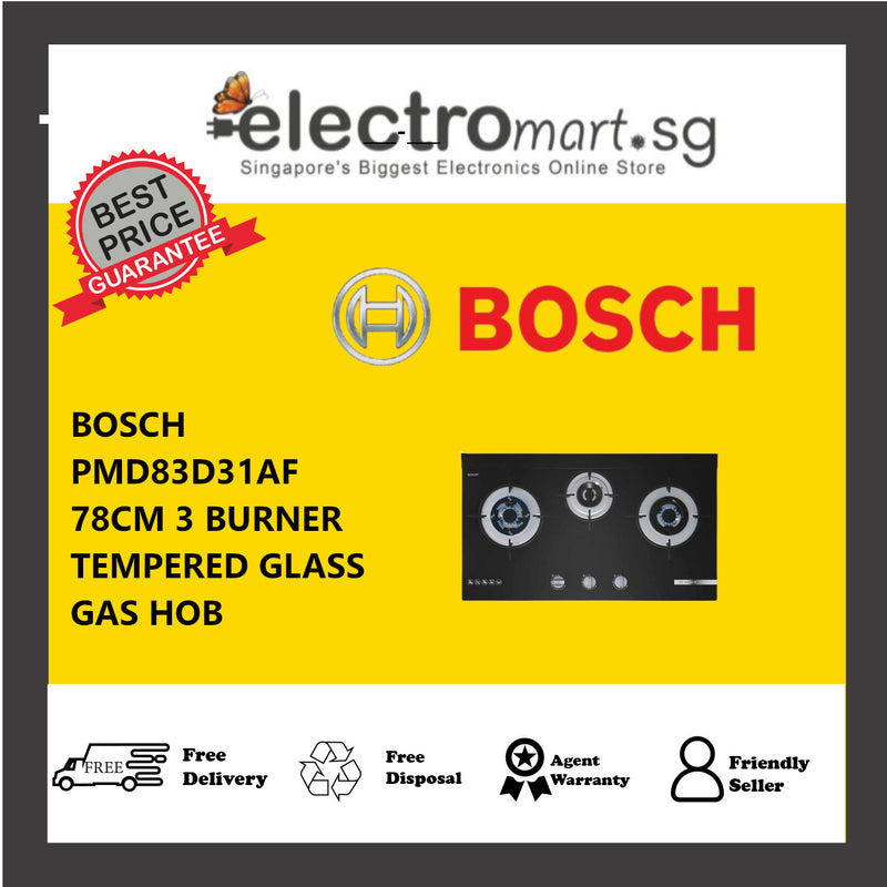 BOSCH PMD83D31AF  78CM 3 BURNER TEMPERED GLASS  GAS HOB