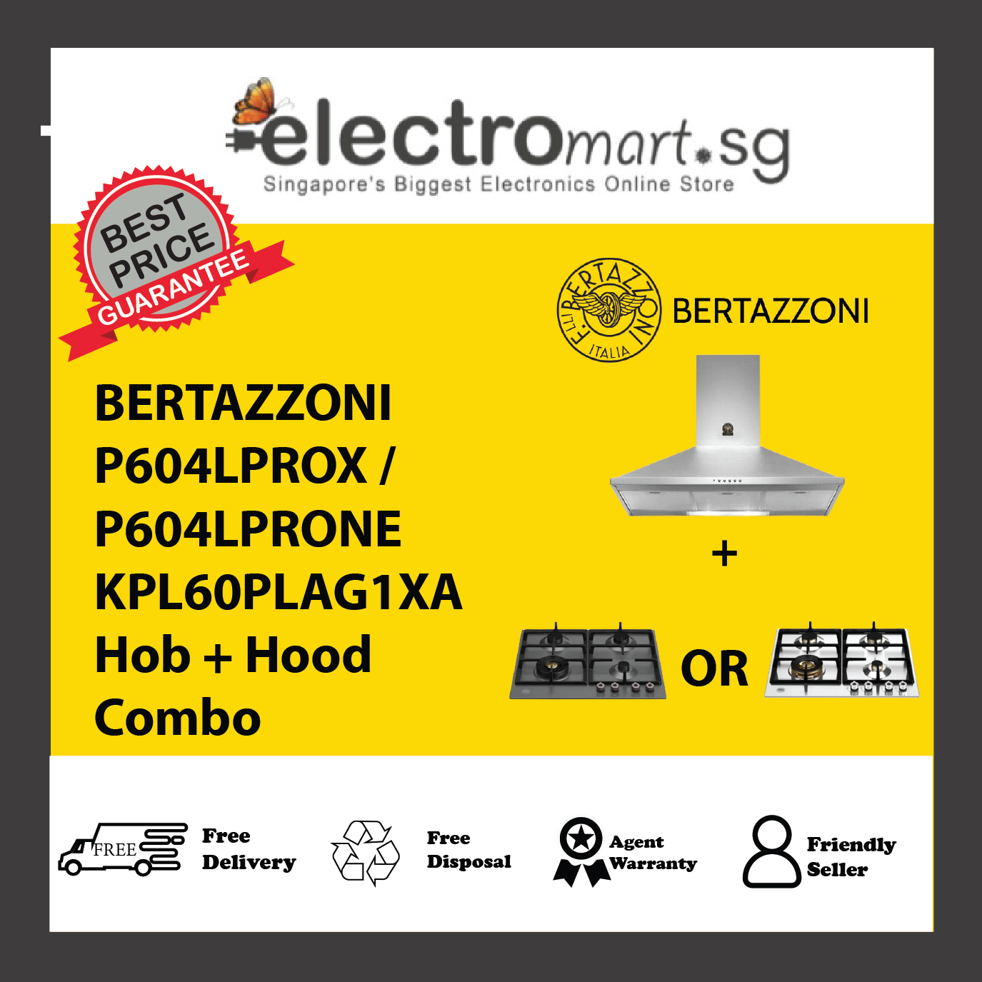 BERTAZZONI P604LPROX / P604LPRONE KPL60PLAG1XA Hob + Hood Combo