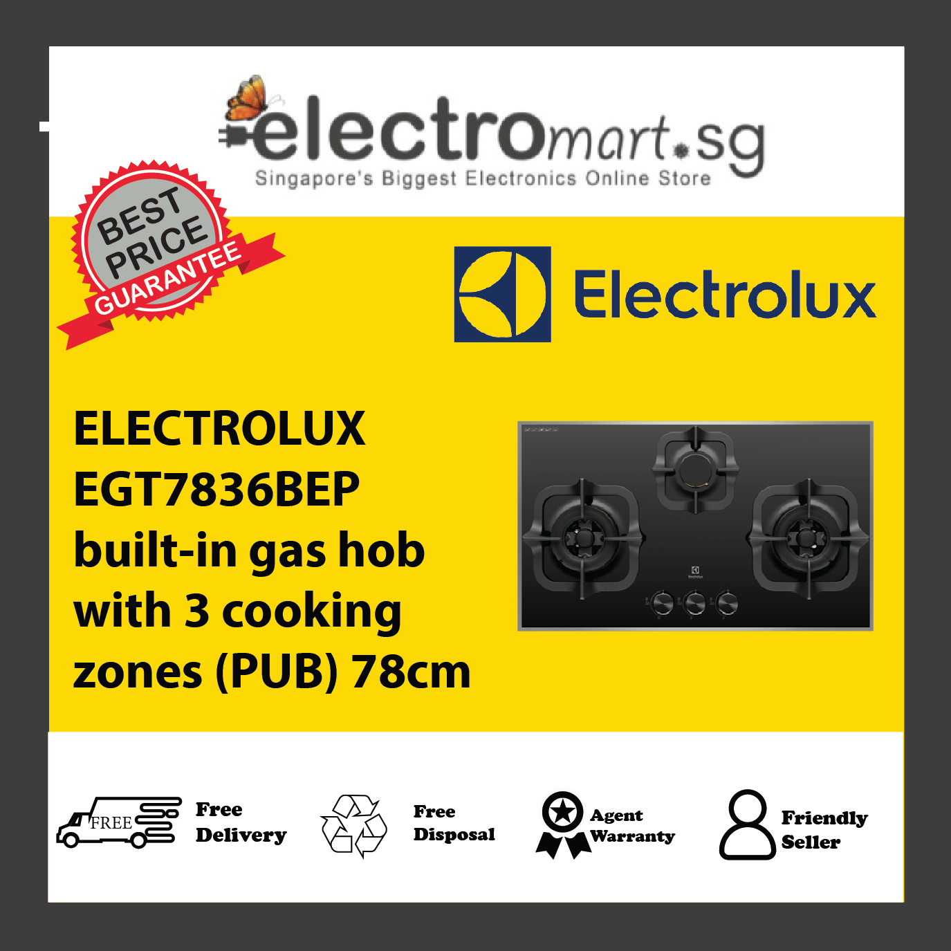 ELECTROLUX EGT7836BEP built-in gas hob with 3 cooking  zones (PUB) 78cm