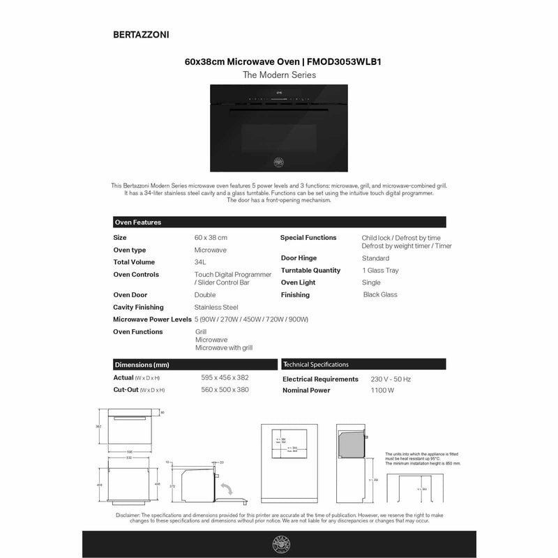 BERTAZZONI FMOD3053WLB1 60X38CM BUILT-IN MICROWAVE OVEN (34L)/(BLACK GLASS MODERN SERIES)