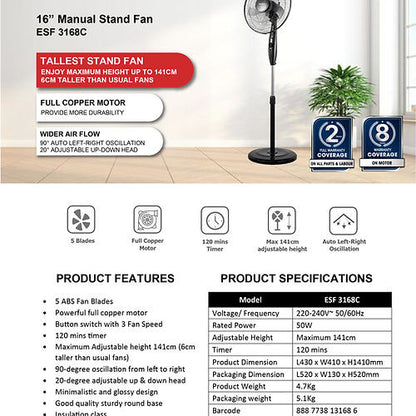 EuropAce ESF3168C Manual Stand  Fan 16”