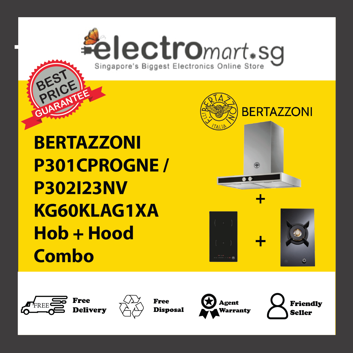 BERTAZZONI P301CPROGNE / P302I23NV KG60KLAG1XA Hob + Hood Combo