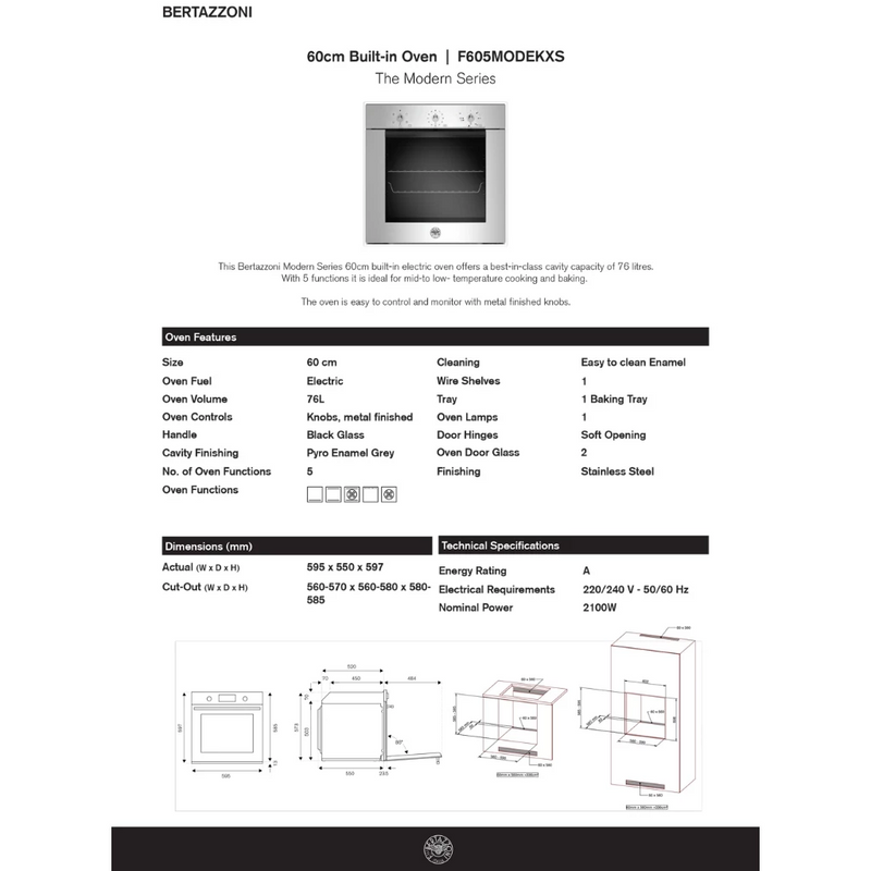 Bertazzoni F605MODEKXS 60cm Built-in-Electric Oven - Stainless Steel