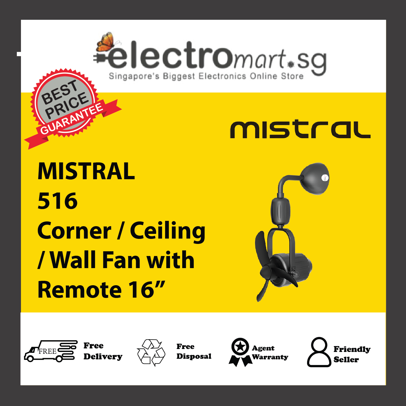 MISTRAL 516/GM Corner / Ceiling / Wall Fan with Remote 16”