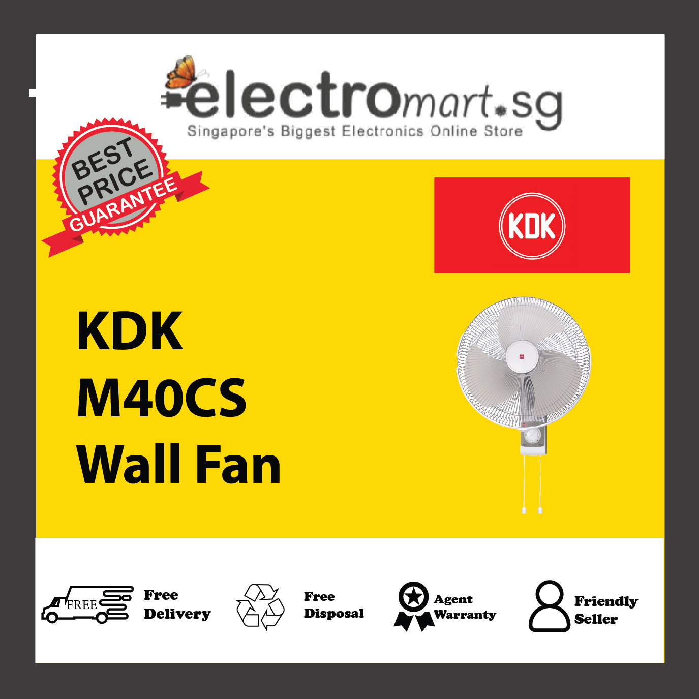 KDK M40CS 3-speed Wall Fan with Pull Switch Oscillation Control (40cm/16”)