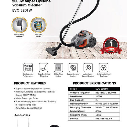EuropAce EVC3201W  Super Cyclone  Vacuum Cleaner