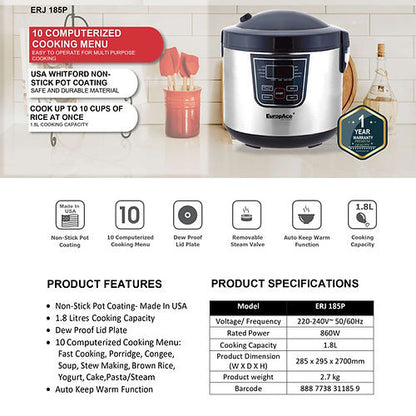 EuropAce ERJ185P Multi-Function Rice Cooker 1.8L