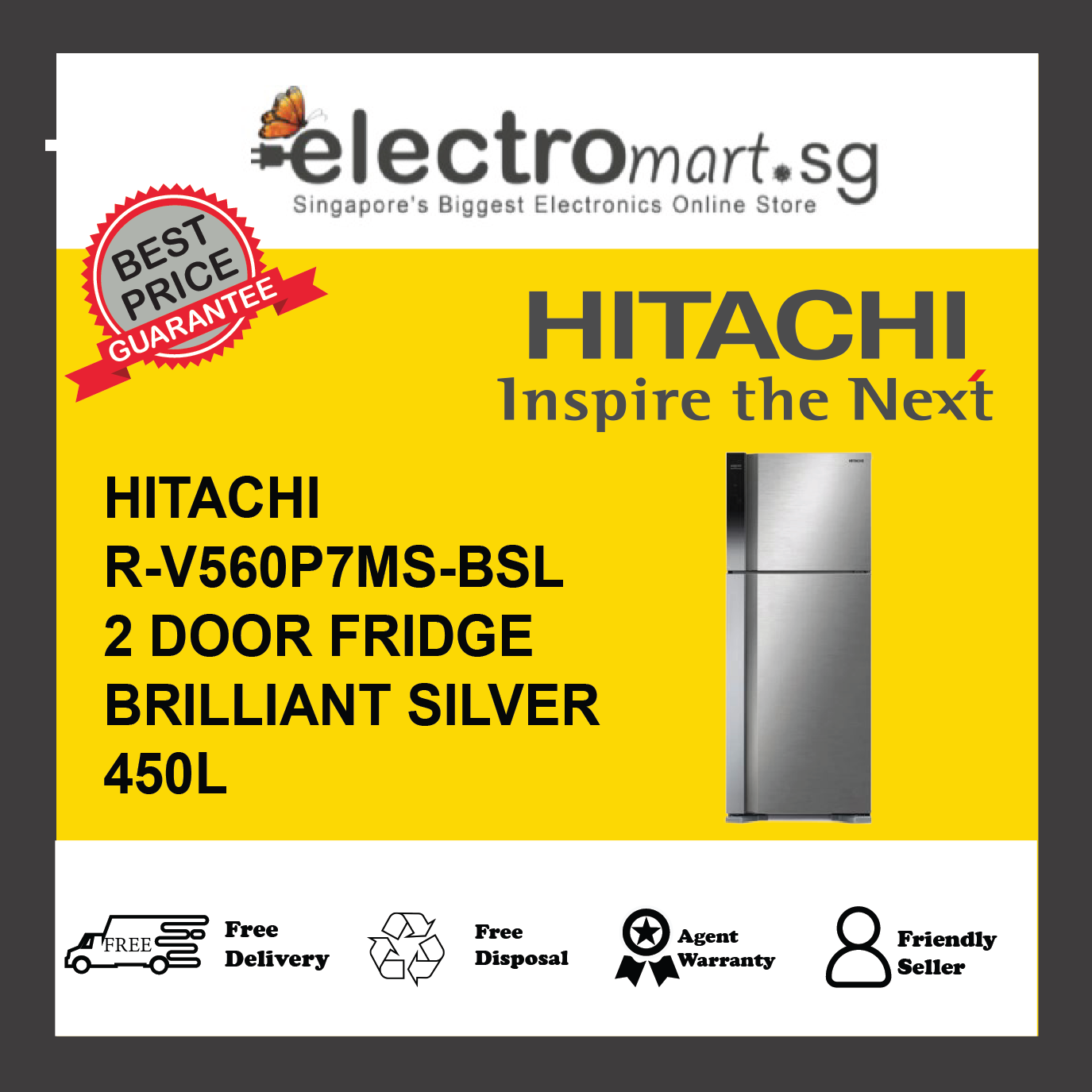 HITACHI R-V560P7MS-BSL 450L 2 Door Refrigerator - Brilliant Silver