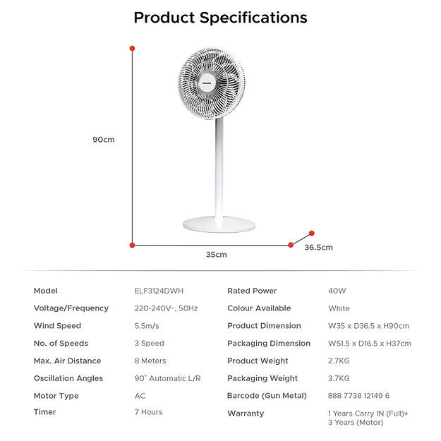 EUROPACE ELF3124DWH 12IN LIVING FAN WITH REMOTE CONTROL