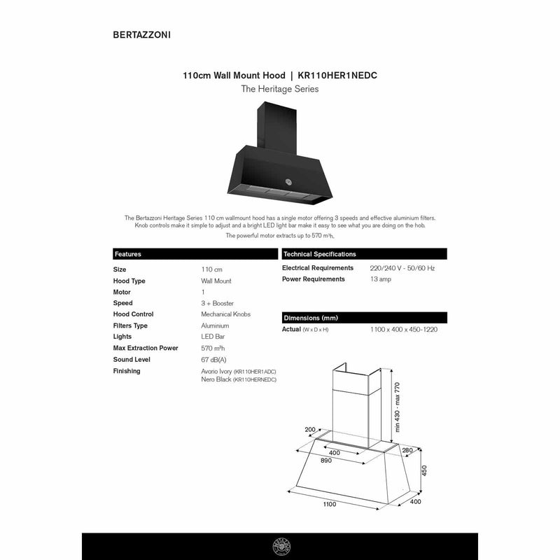 BERTAZZONI KR110HER1ADC 110CM WALL MOUNT HOOD IVORY