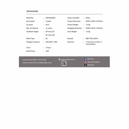 EUROPACE EDF5631DWH 6 IN DELUXE DC DESK FAN