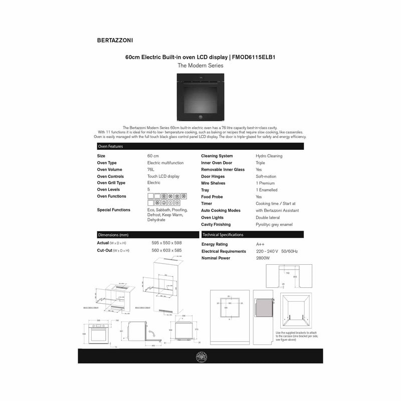 BERTAZZONI FMOD6115ELB1 60CM BUILT-IN OVEN (76L)/(BLACK GLASS MODERN SERIES)