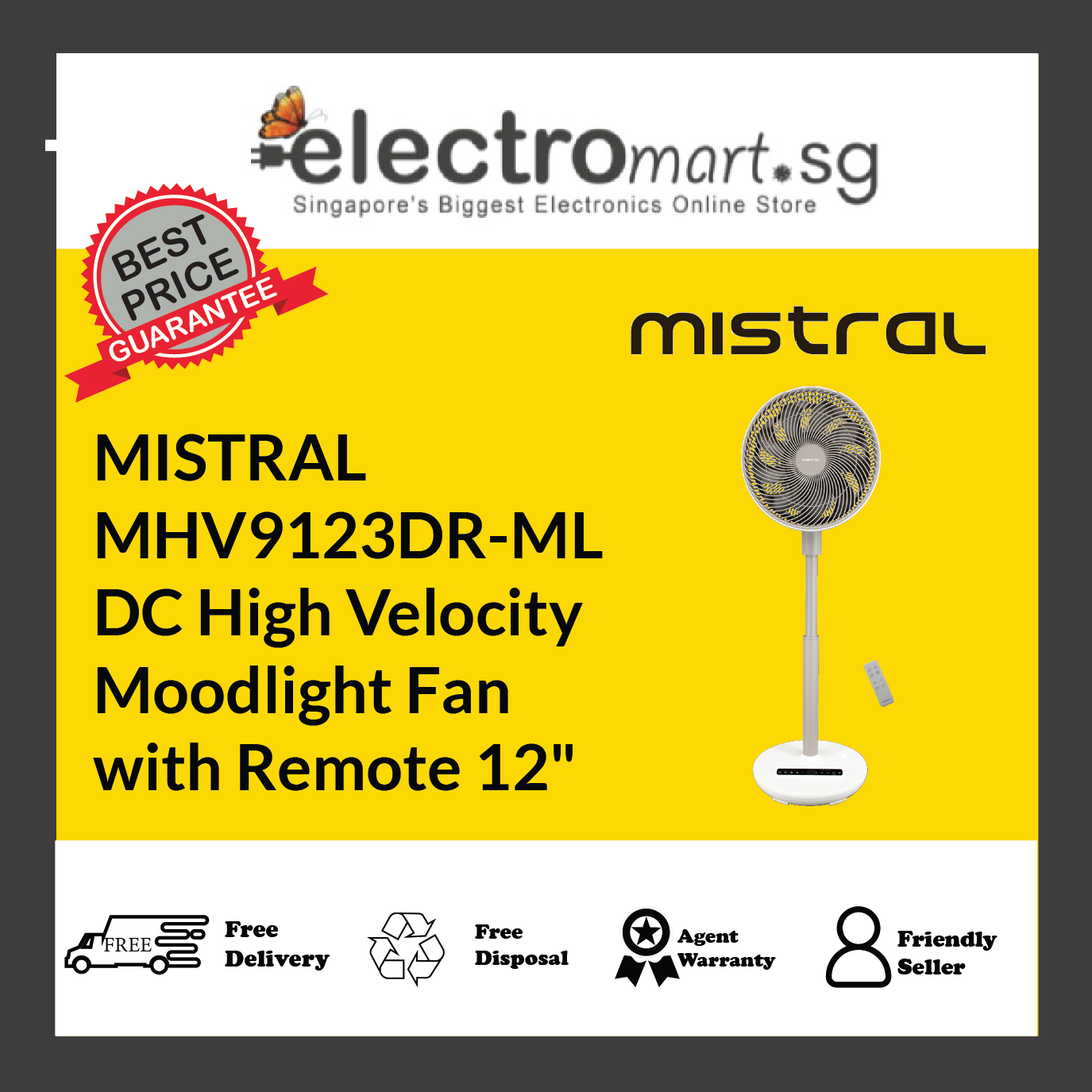 Mistral MHV9123DR-ML 12" DC High Velocity Moodlight Fan with Remote - Moonlight