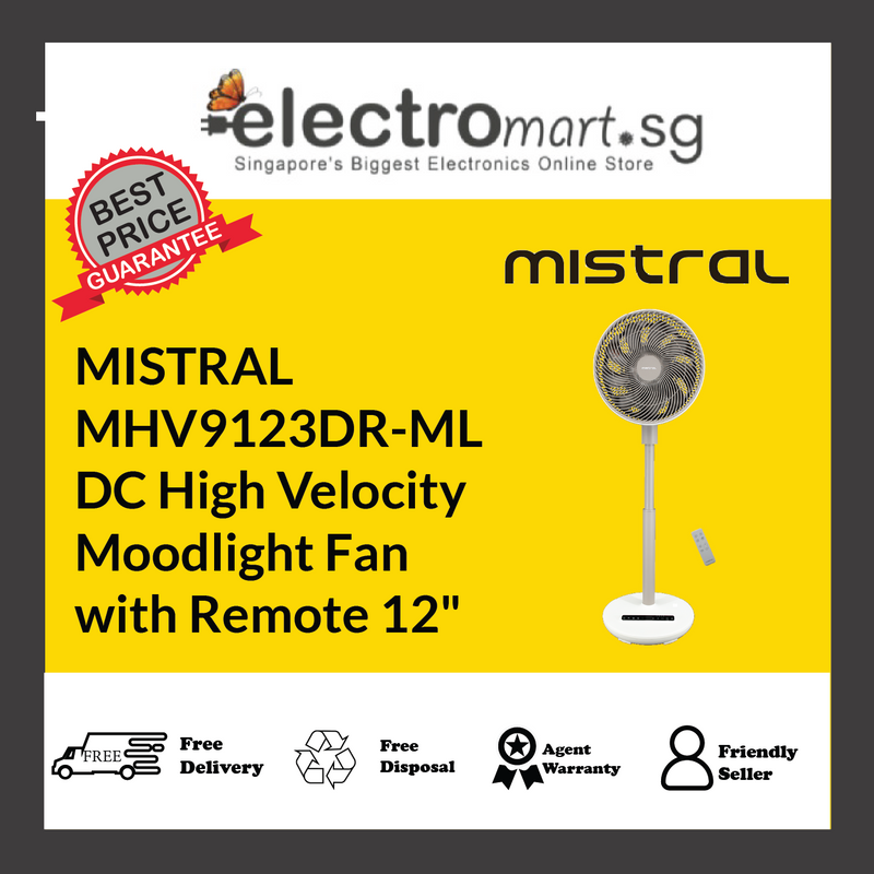 Mistral MHV9123DR-ML 12" DC High Velocity Moodlight Fan with Remote - Moonlight