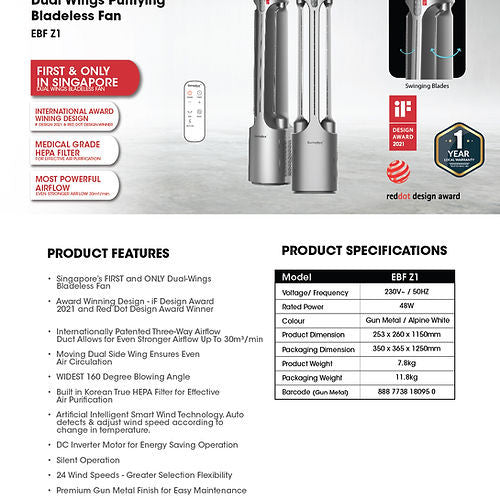 EuropAce EBF Z1 Dual Wings Air Purifying Bladeless Fan