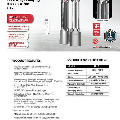 EuropAce EBF Z1 Dual Wings Air Purifying Bladeless Fan