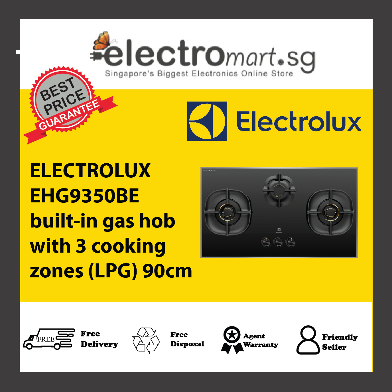 ELECTROLUX EHG9350BE built-in gas hob with 3 cooking  zones (LPG) 90cm