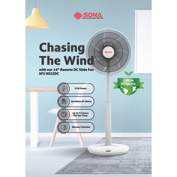SONA SFS 9022DC Remote DC Slide Fan 14”