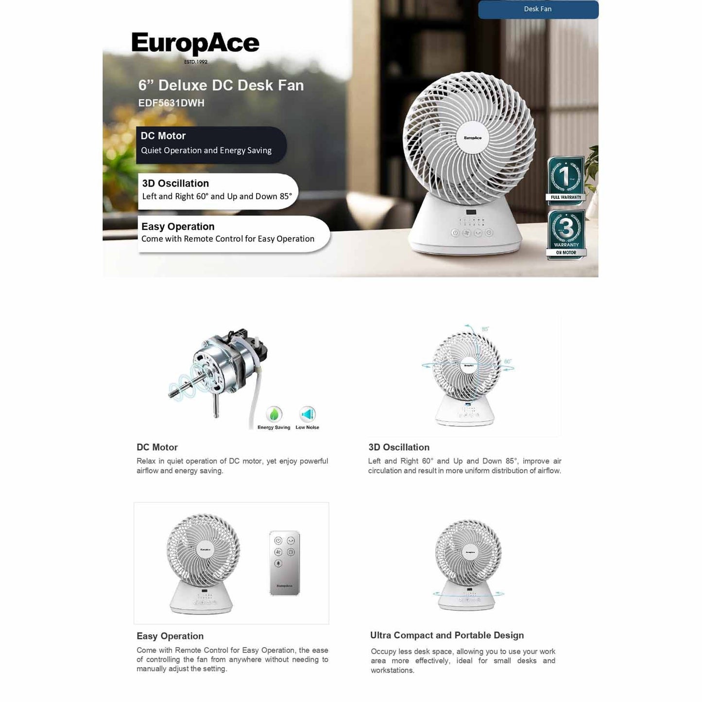 EUROPACE EDF5631DWH 6 IN DELUXE DC DESK FAN