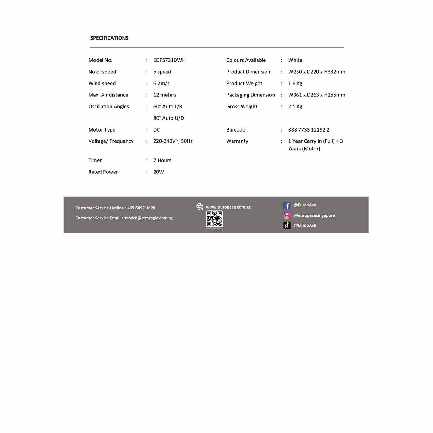 EUROPACE EDF5731DWH 7 IN DELUXE DESK FAN (DC MOTOR)