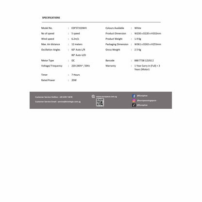 EUROPACE EDF5731DWH 7 IN DELUXE DESK FAN (DC MOTOR)
