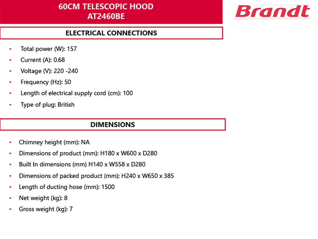 BRANDT AT2460BE Telescopic Hood 60cm
