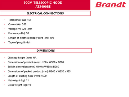 BRANDT AT2490BE Telescopic Hood 90cm