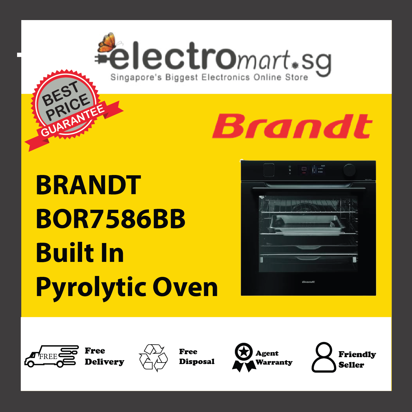 Brandt BOR7586BB Built In Pyrolytic Oven - Black