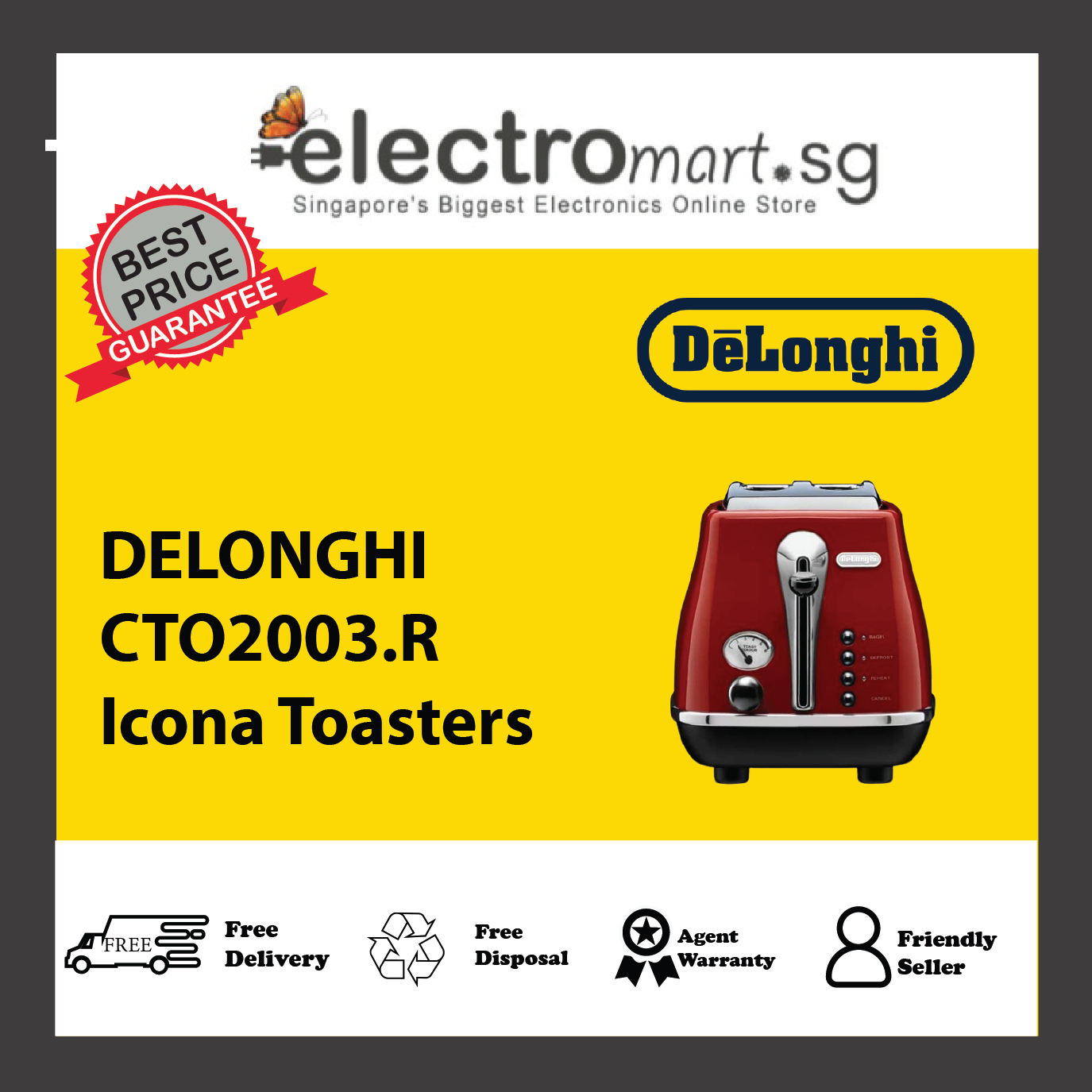 DELONGHI CTO2003.R 2-slice Icona toaster in rich red
