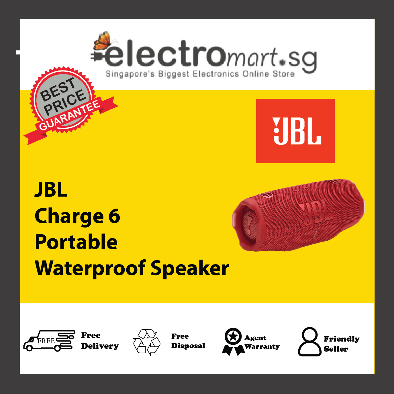 JBL Charge 6 Portable waterproof and drop-proof speaker with bold JBL Pro sound and a removable handle strap.