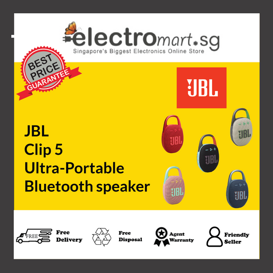 JBL CLIP 5 Ultra-Portable, Waterproof & Dustproof Bluetooth Speaker, Big Pro Sound with Punchy bass, Integrated Carabiner, Up to 12 Hours of Play