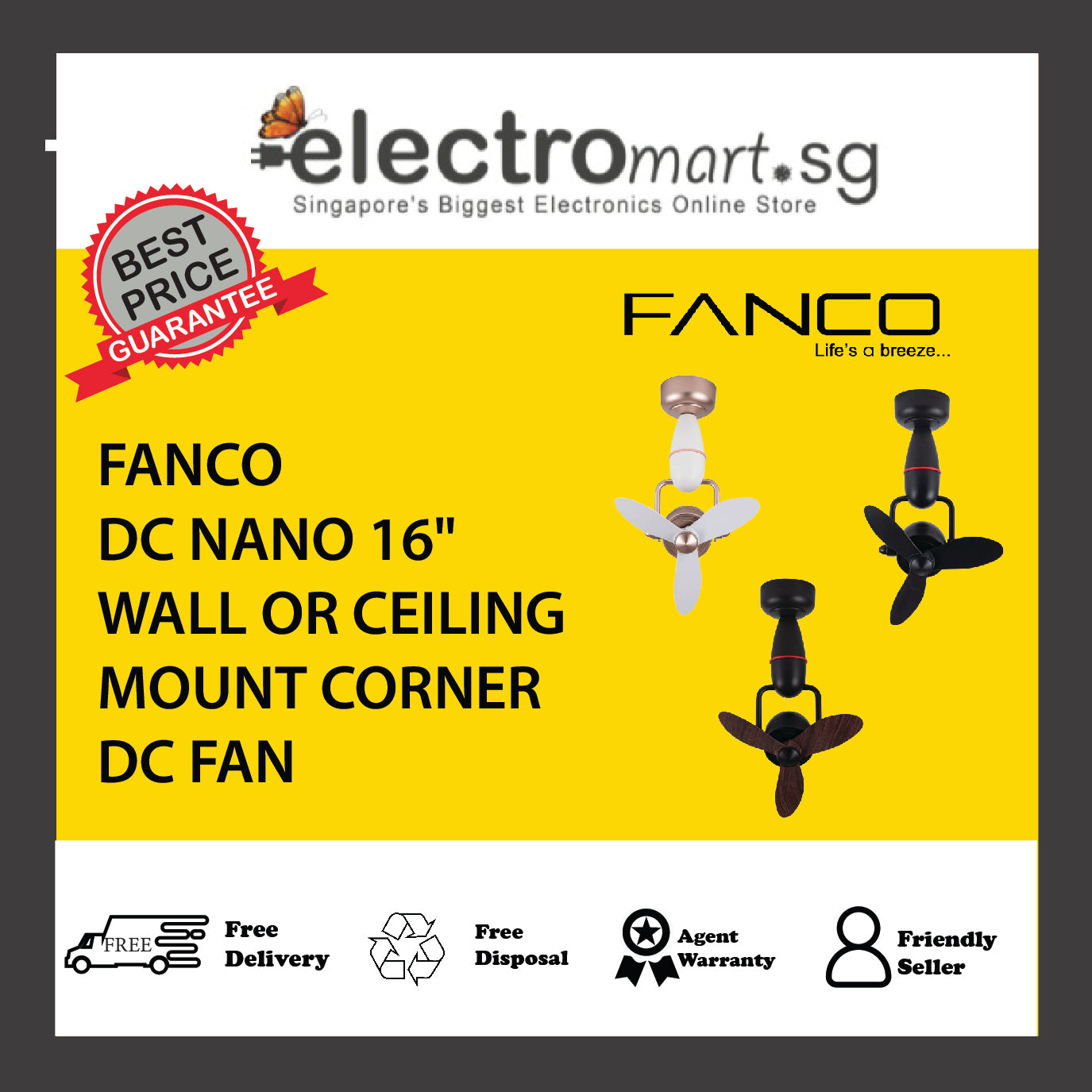FANCO DC NANO 16" WALL OR CEILING MOUNT CORNER DC FAN