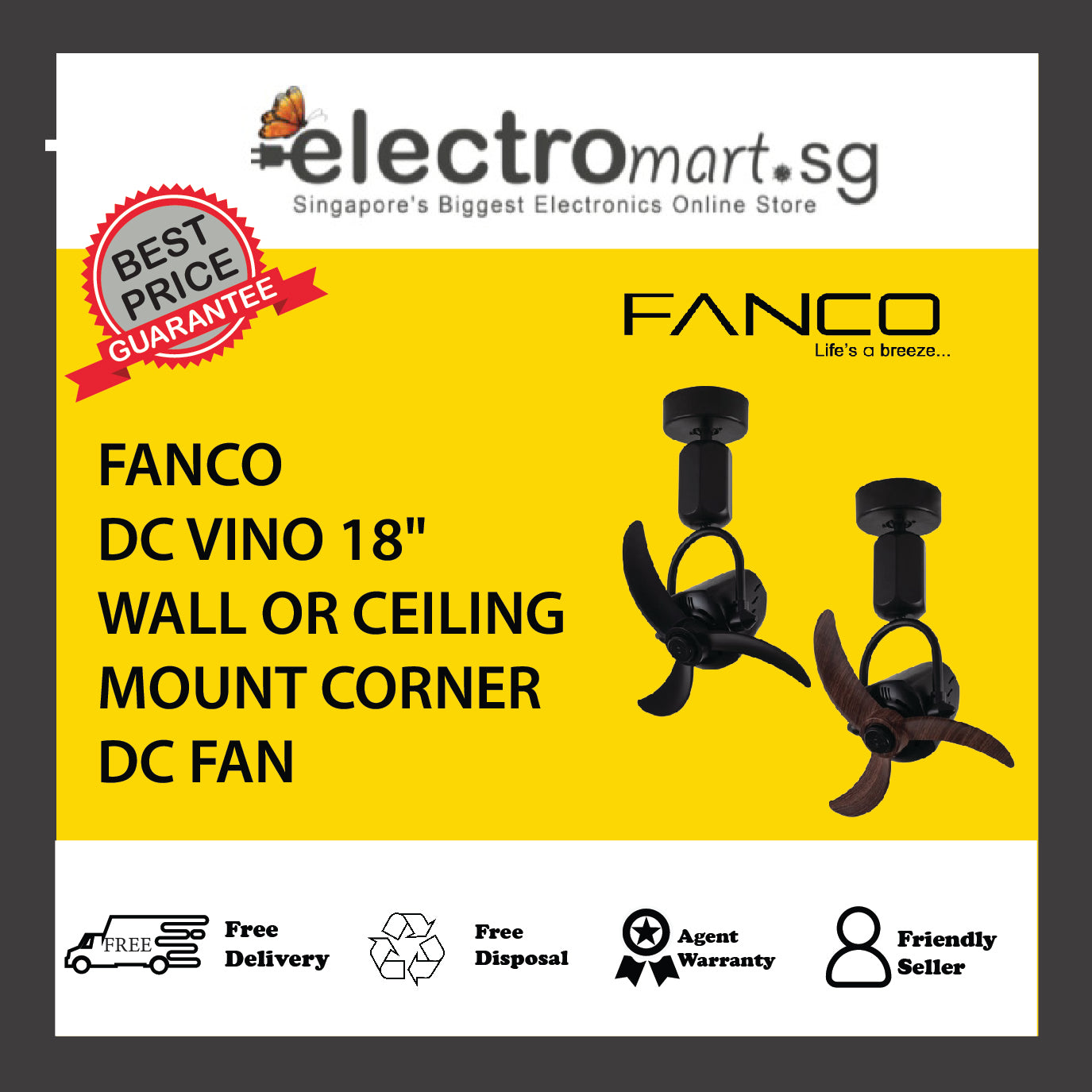 FANCO DC VINO 18" WALL OR CEILING MOUNT CORNER DC FAN