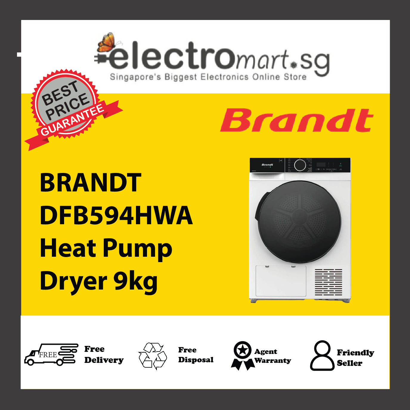 BRANDT DFB594HWA Heat Pump Dryer 9kg