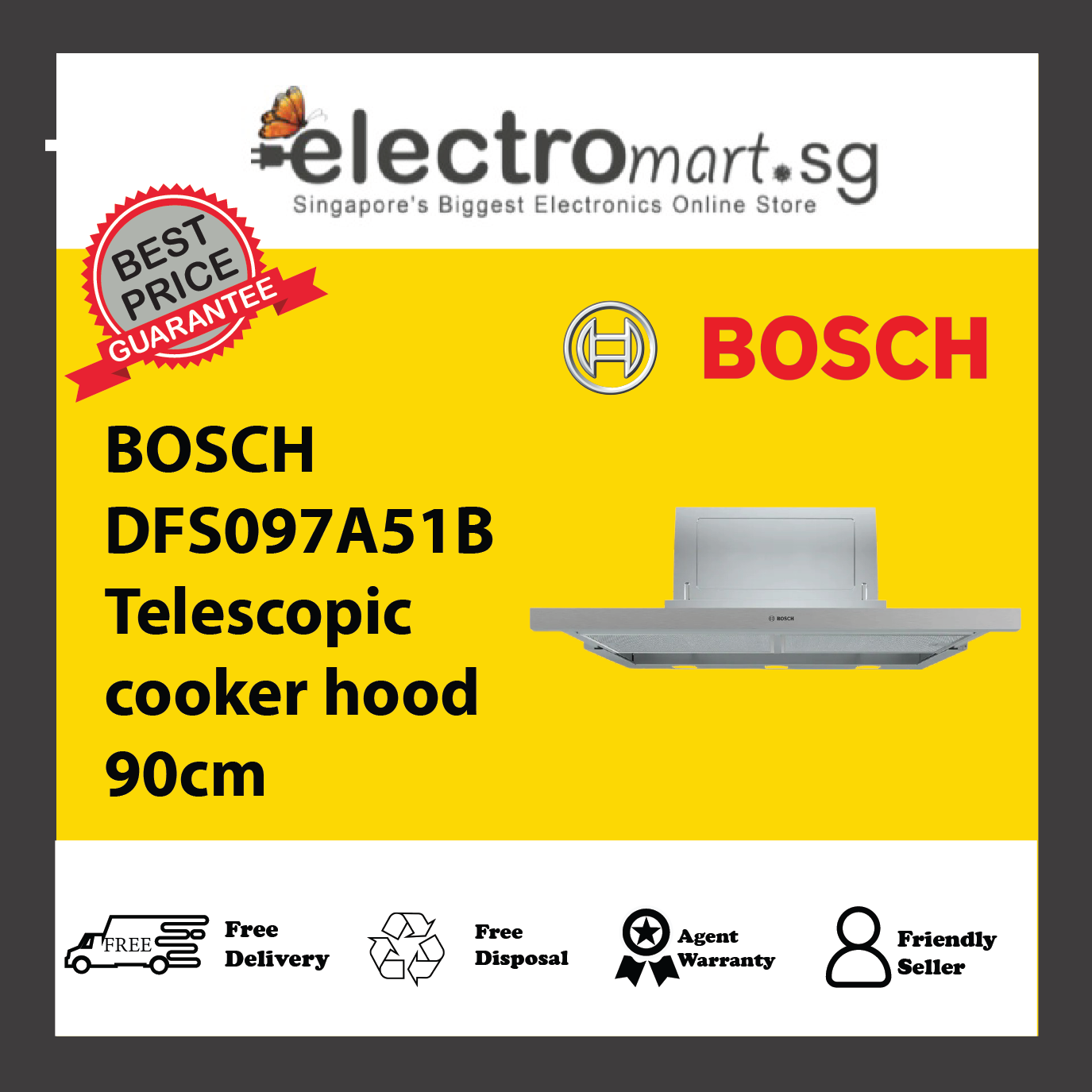 BOSCH DFS097A51B Series 4 Telescopic cooker hood 90cm Silver metallic