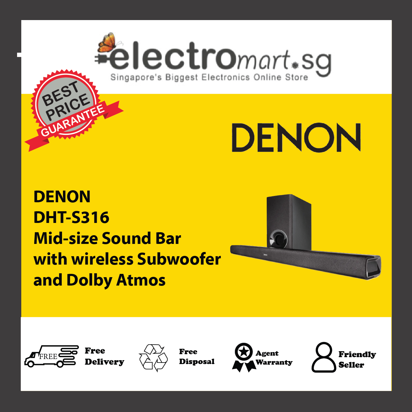 DENON DHT-S316 Mid-size Sound Bar with wireless Subwoofer and Dolby Atmos