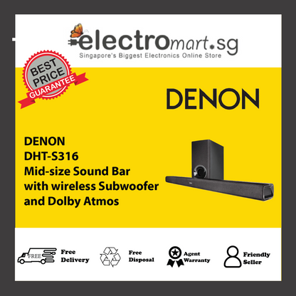 DENON DHT-S316 Mid-size Sound Bar with wireless Subwoofer and Dolby Atmos