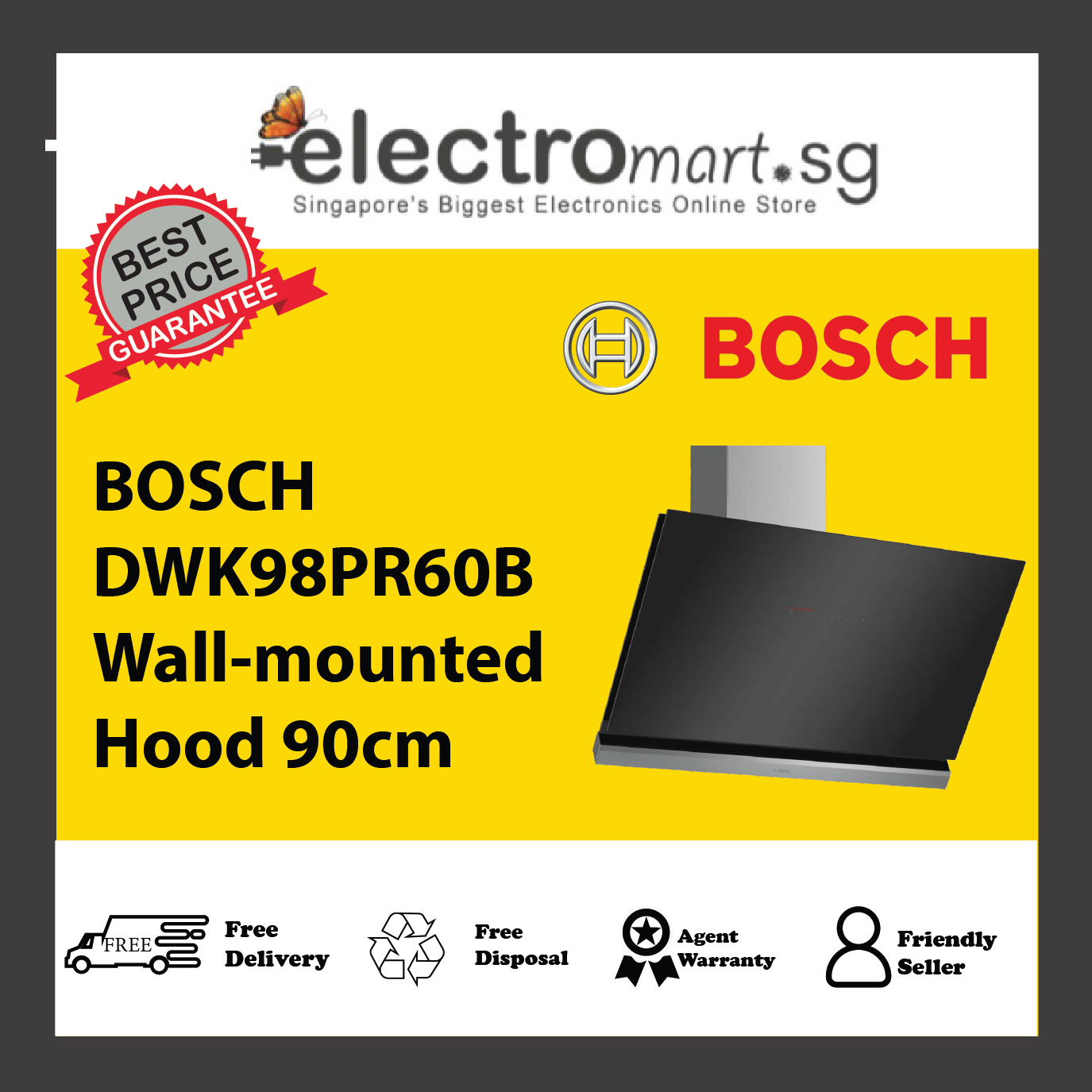 BOSCH DWK98PR60B Series 8 Wall-mounted cooker hood 90 cm clear glass black printed