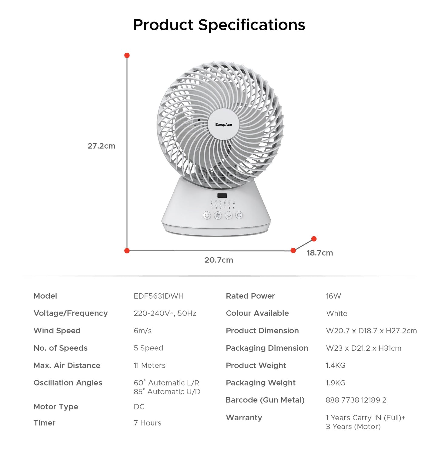 EUROPACE EDF5631DWH Deluxe BLDC Desk Fan 6”