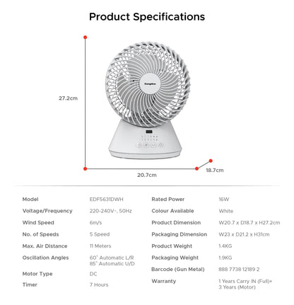 EUROPACE EDF5631DWH Deluxe BLDC Desk Fan 6”